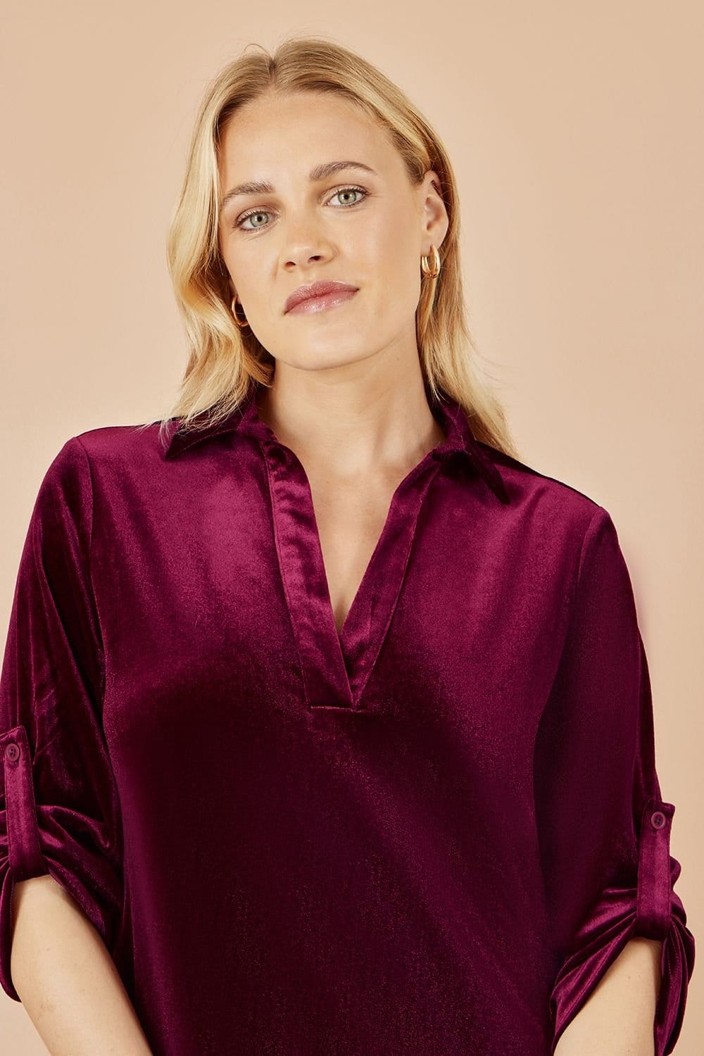 Yumi Yumi Women's Burgundy Velvet Tunic Dress With 3/4 Sleeves - 4
