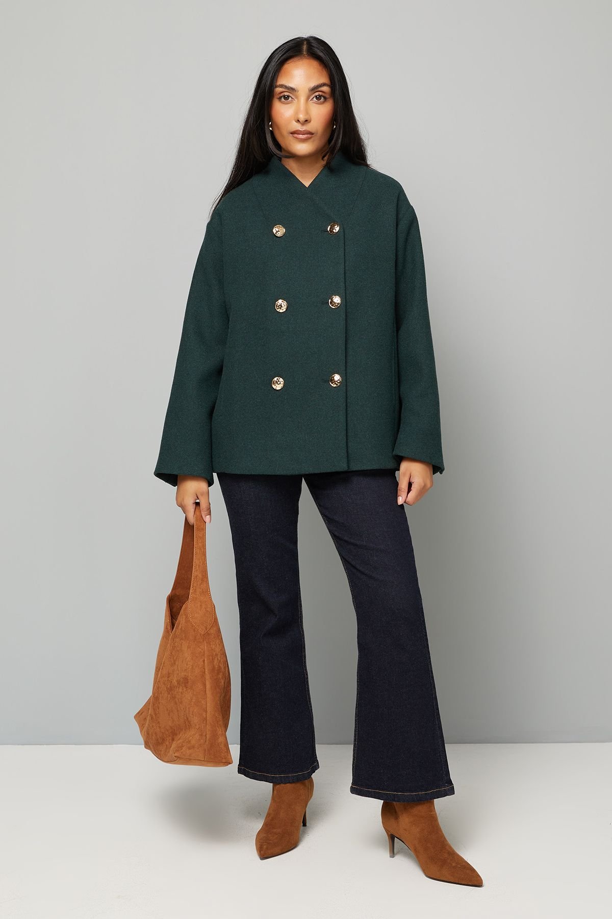 Wallis Wallis Women's Petite Grown On Neck Peacoat in Green - 2
