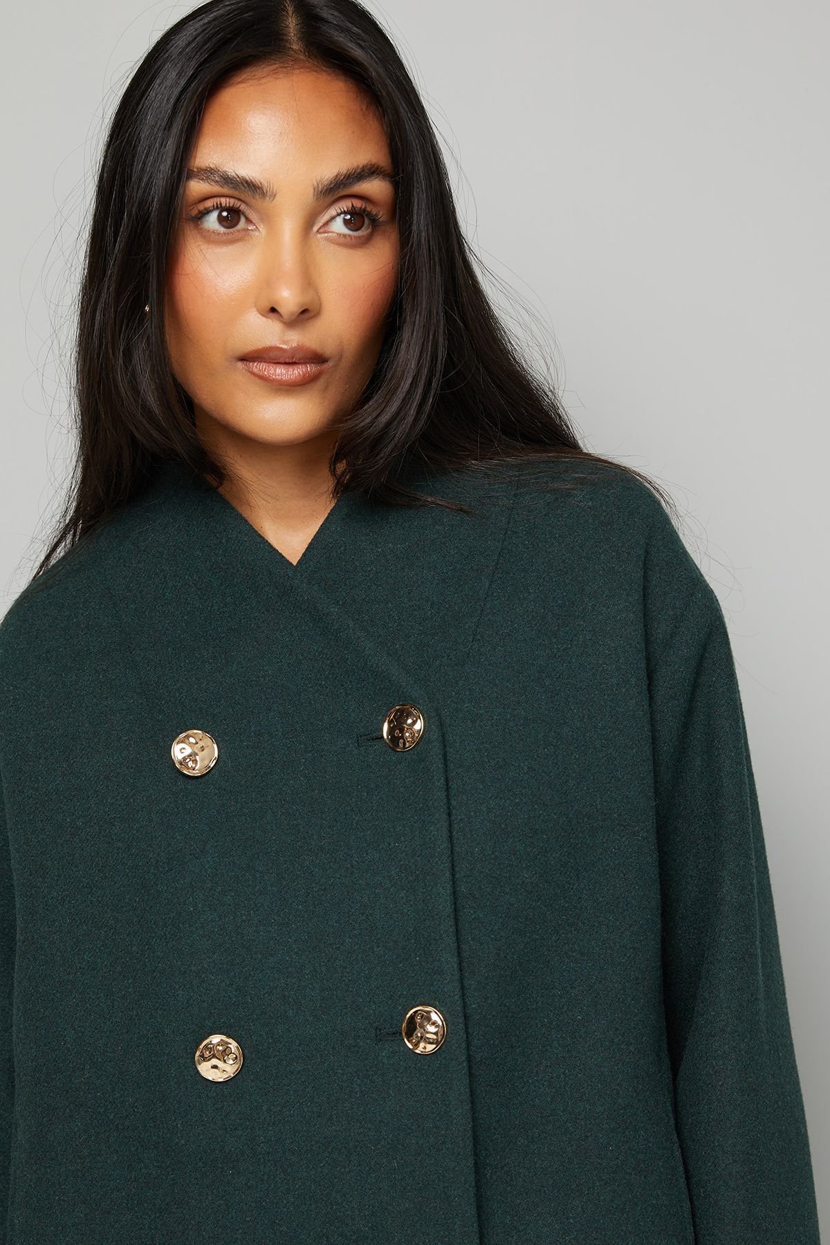 Wallis Wallis Women's Petite Grown On Neck Peacoat in Green - 3