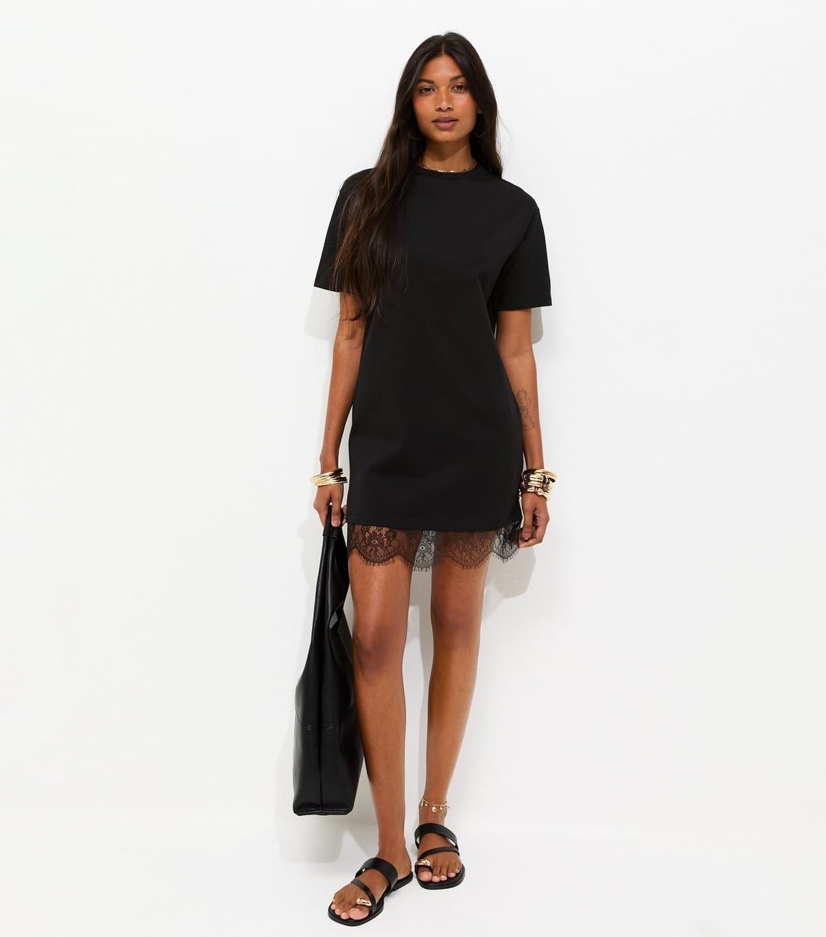 New Look Women's Black Lace Hem Trim Mini T-Shirt Dress New Look