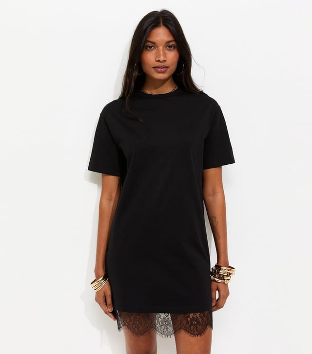 New Look Women's Black Lace Hem Trim Mini T-Shirt Dress New Look - 2