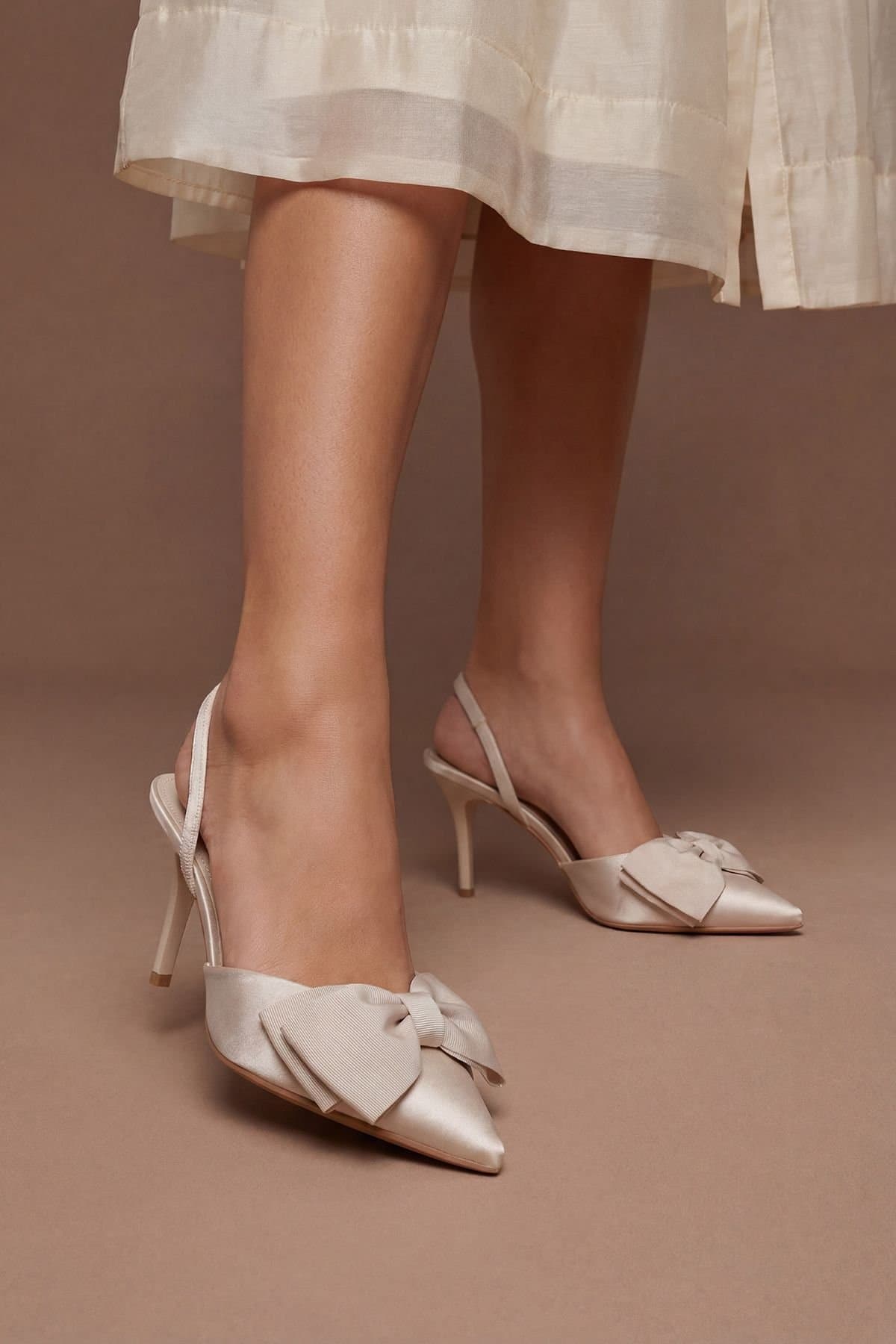 Coast Coast Women's Macey Satin Slingback High Heel Bow Detail Court Shoes in Beige