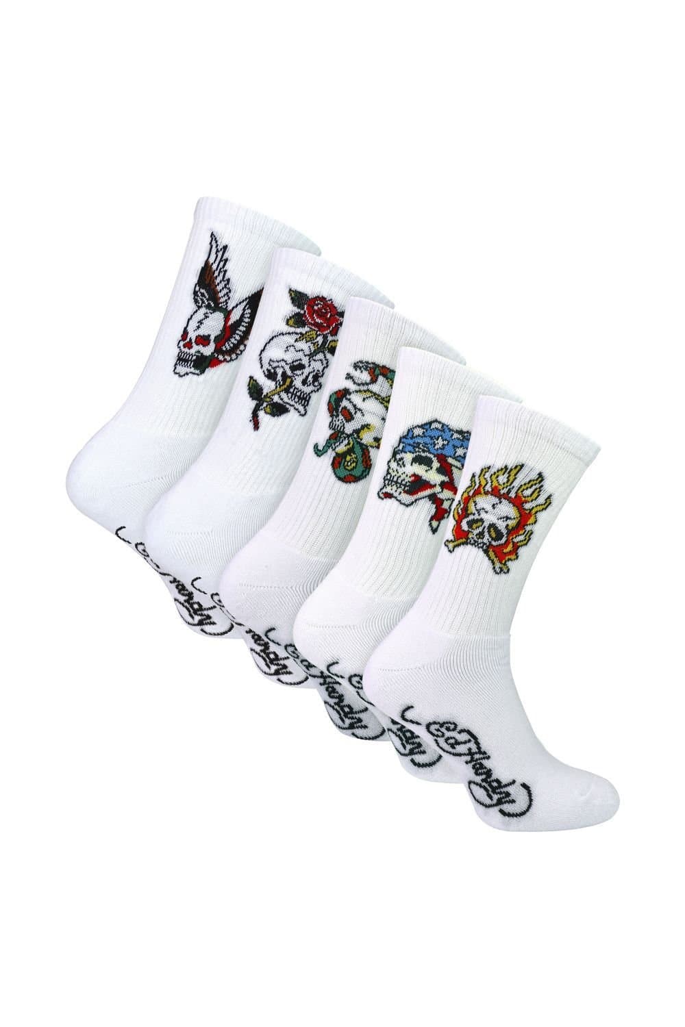 Ed Hardy Ed Hardy Men's 5 Pack Crew Socks Skull Pattern Soft Breathable Casual Socks in White