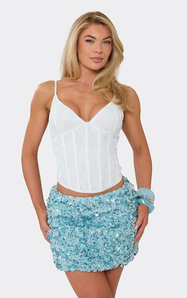 EGO Strappy Sequin Detail Corset Top In White Lace, Women's Size UK 6 - 2