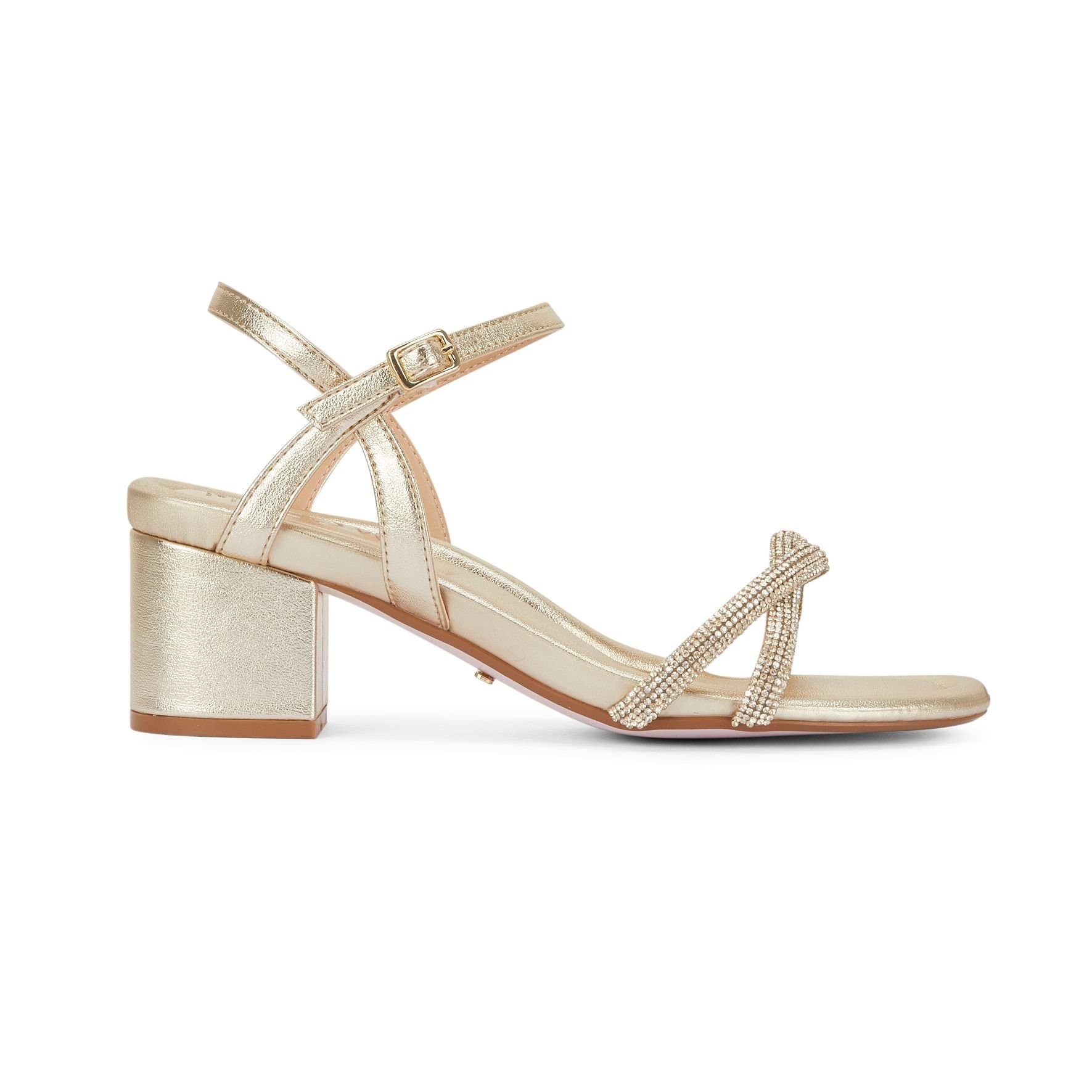 MALOW LONDON MALOW LONDON Women's Lana Heeled Sandals Buckle Strap PU Open Toe Block Heel Shoes in Gold