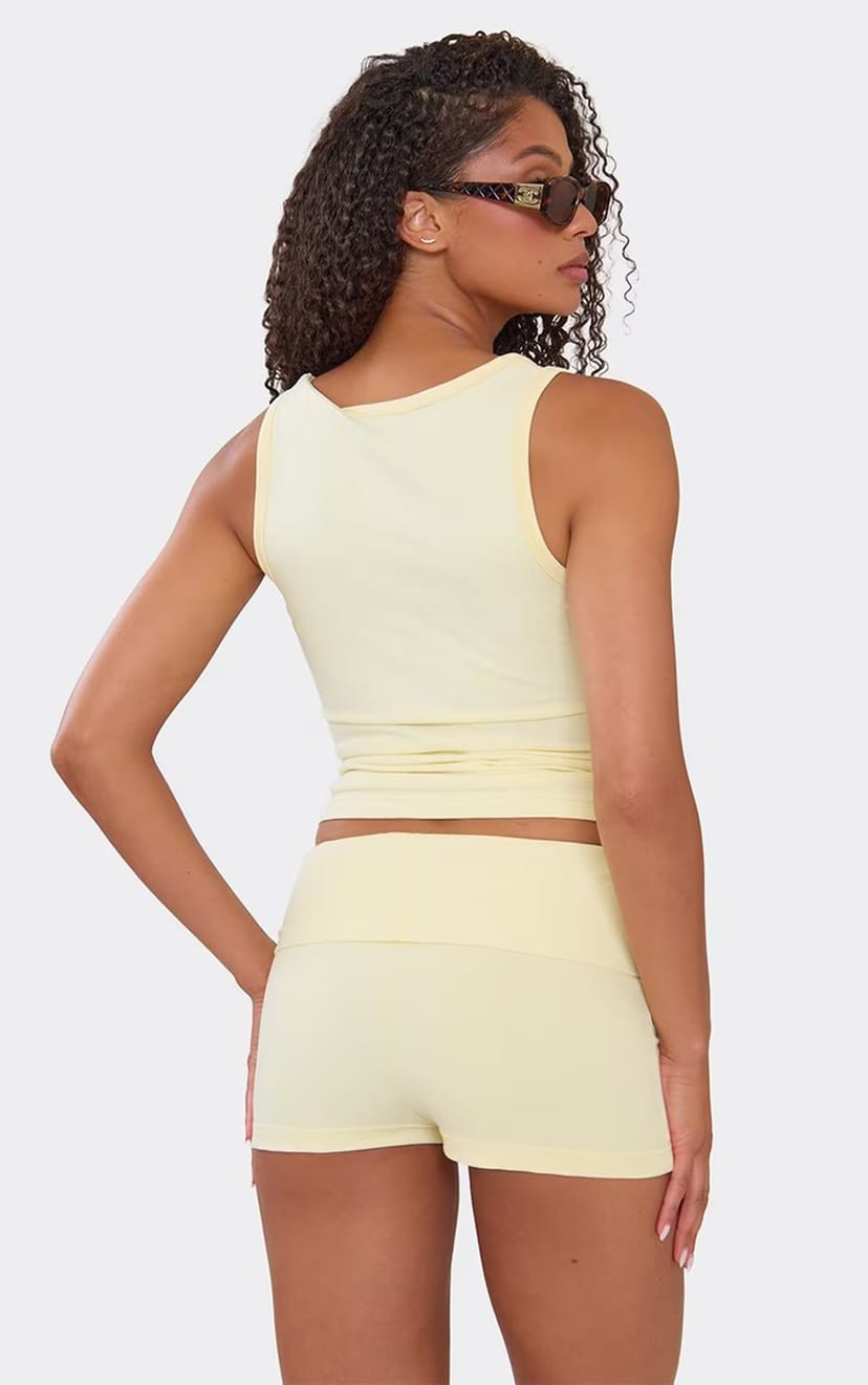 EGO Low Rise Fold Over Waist Mini Sweat Shorts In Lemon., Women's Size UK 6 - 1