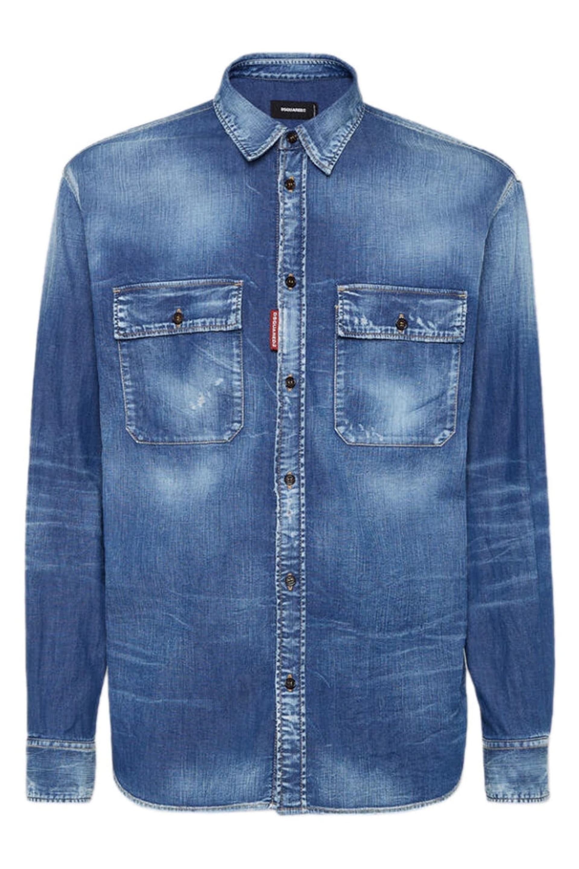 Dsquared2 Dsquared2 Men's Relax Dan Worker Pocket Long Sleeve Collared Relaxed Fit Shirts in Royal