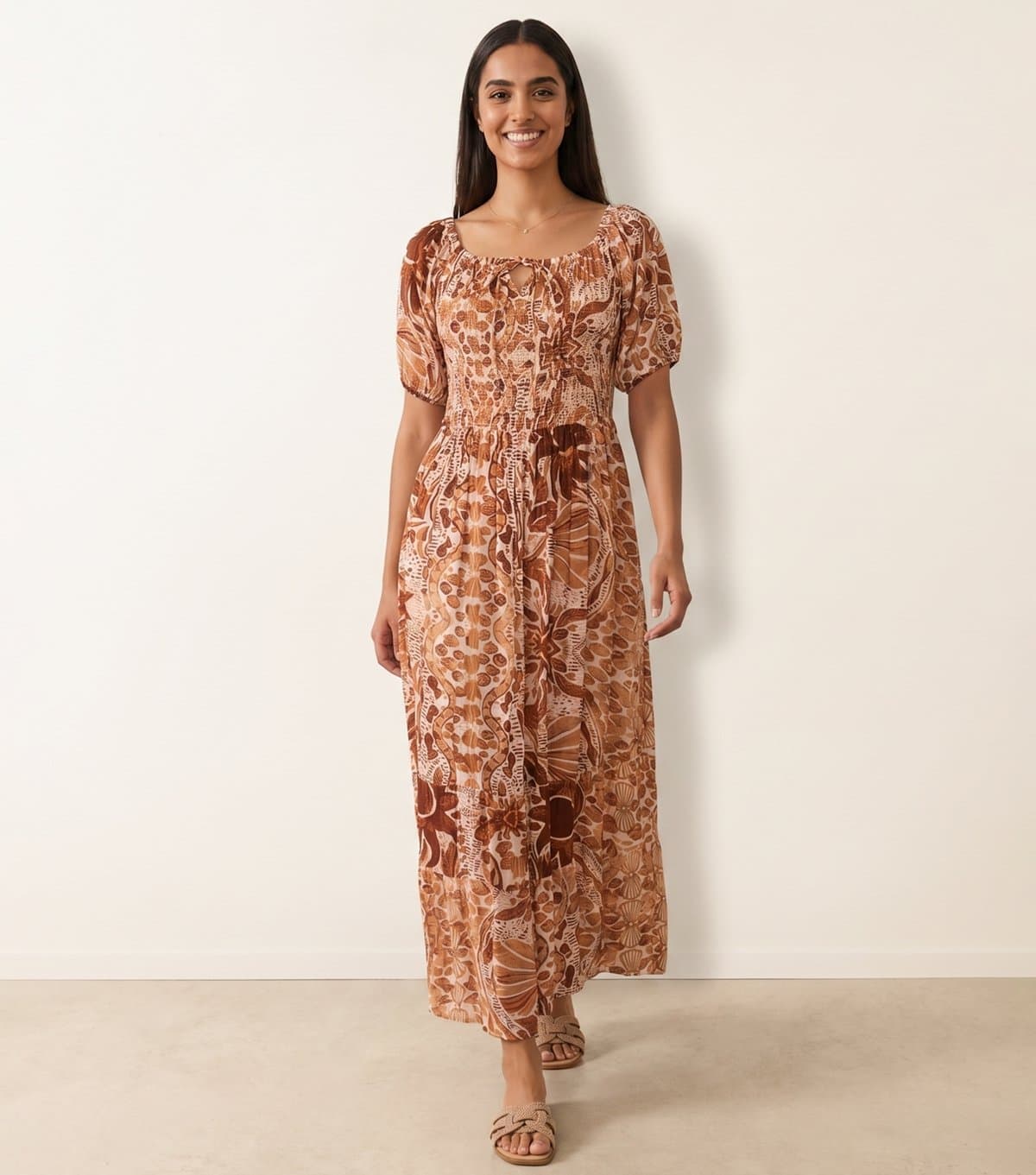 Blue Vanilla Women's Brown Tie Front Shirred Midi Dress Blue Vanilla New Look