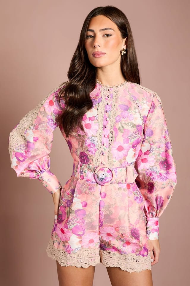 Coast Coast Women's Floral Printed Cotton Playsuit in Peach - 2