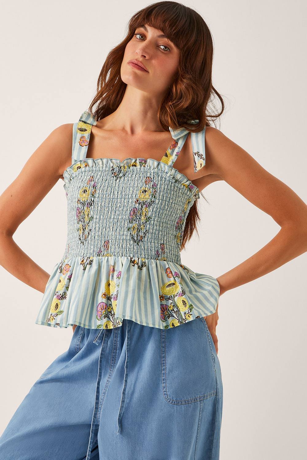 Monsoon Monsoon Women's Lucille Floral Stripe Smocked Top Blue - 4