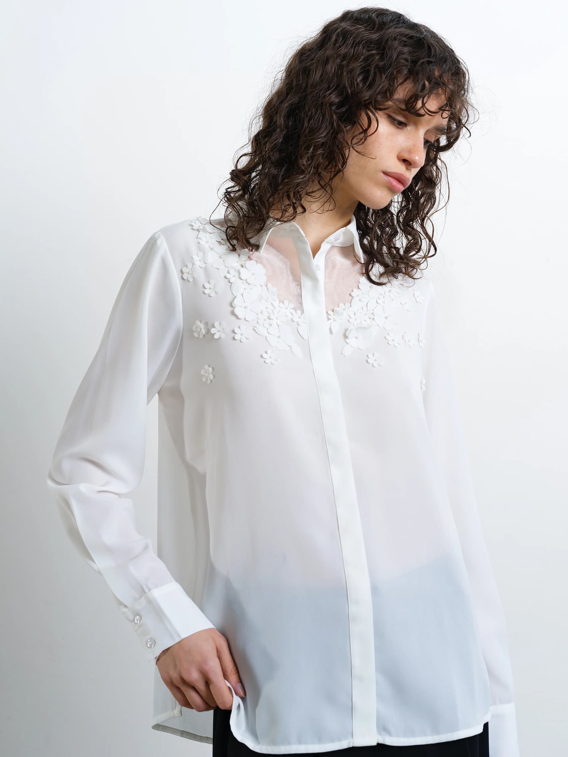 French Connection Mila Georgette 3D Floral Shirt Summer White