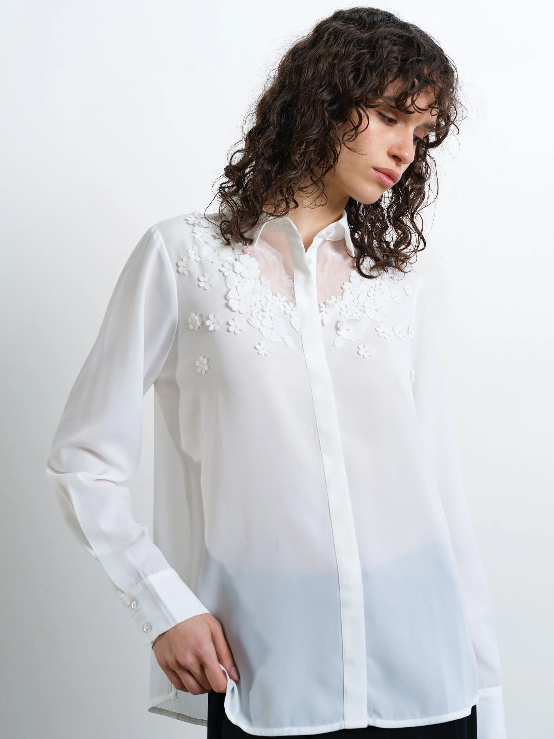 French Connection White Georgette 3D Floral Shirt