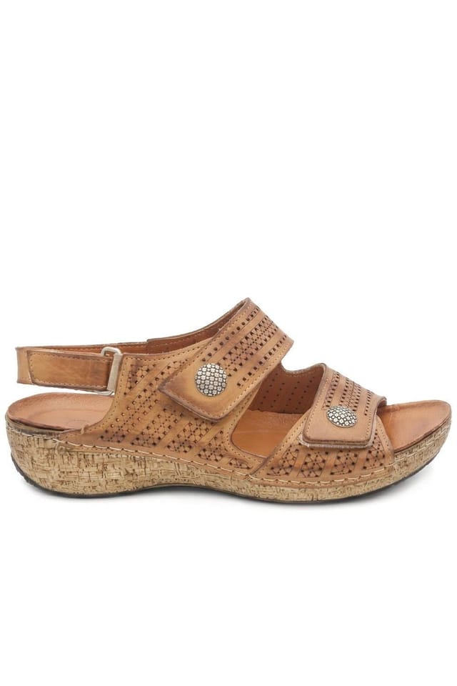 Pavers Pavers Women's Leather Triple Adjustable Strap Sandals in Tan - 2