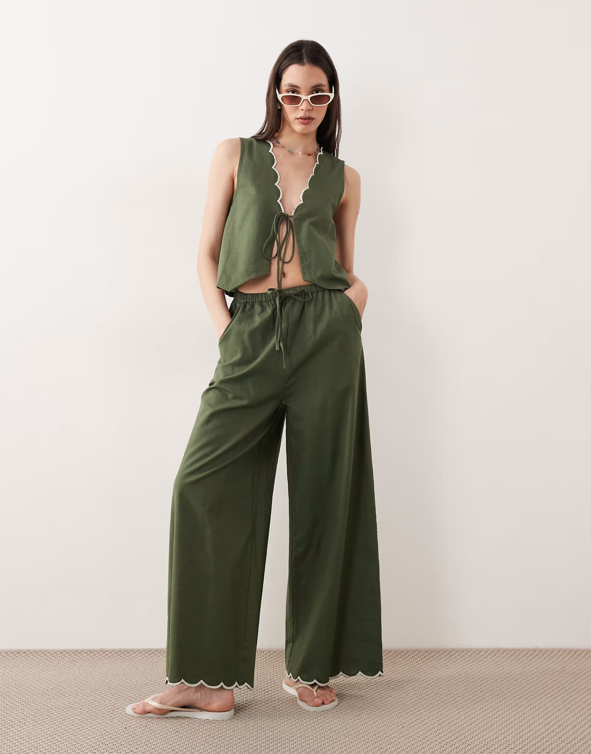 ASOS Esmee tie front beach trouser co-ord with cream scallop trim in olive