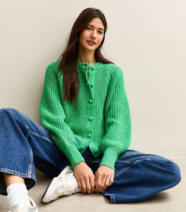 New Look Women's Bright Green Ribbed Knit Raglan Sleeve Cardigan New Look - 2