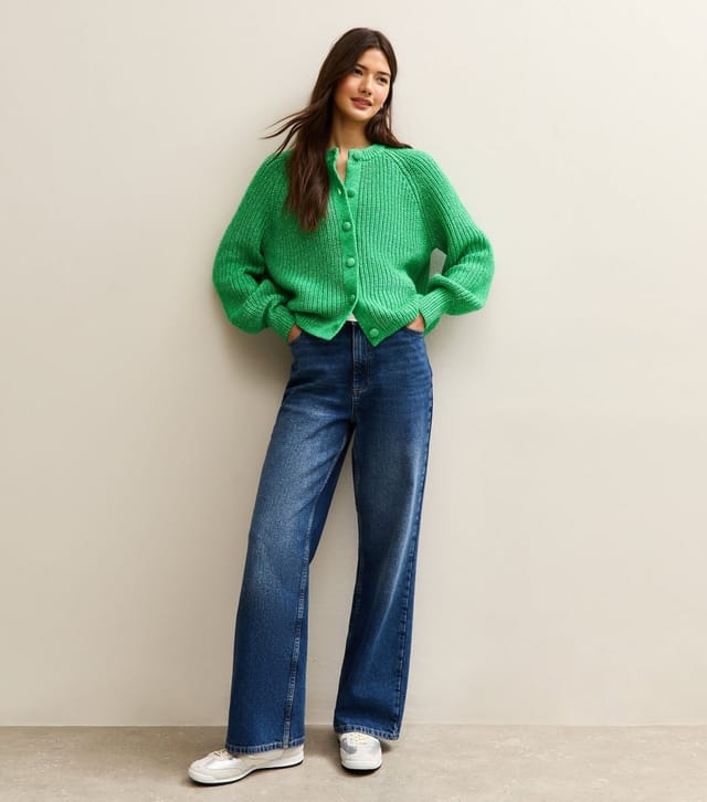 New Look Women's Bright Green Ribbed Knit Raglan Sleeve Cardigan New Look - 3