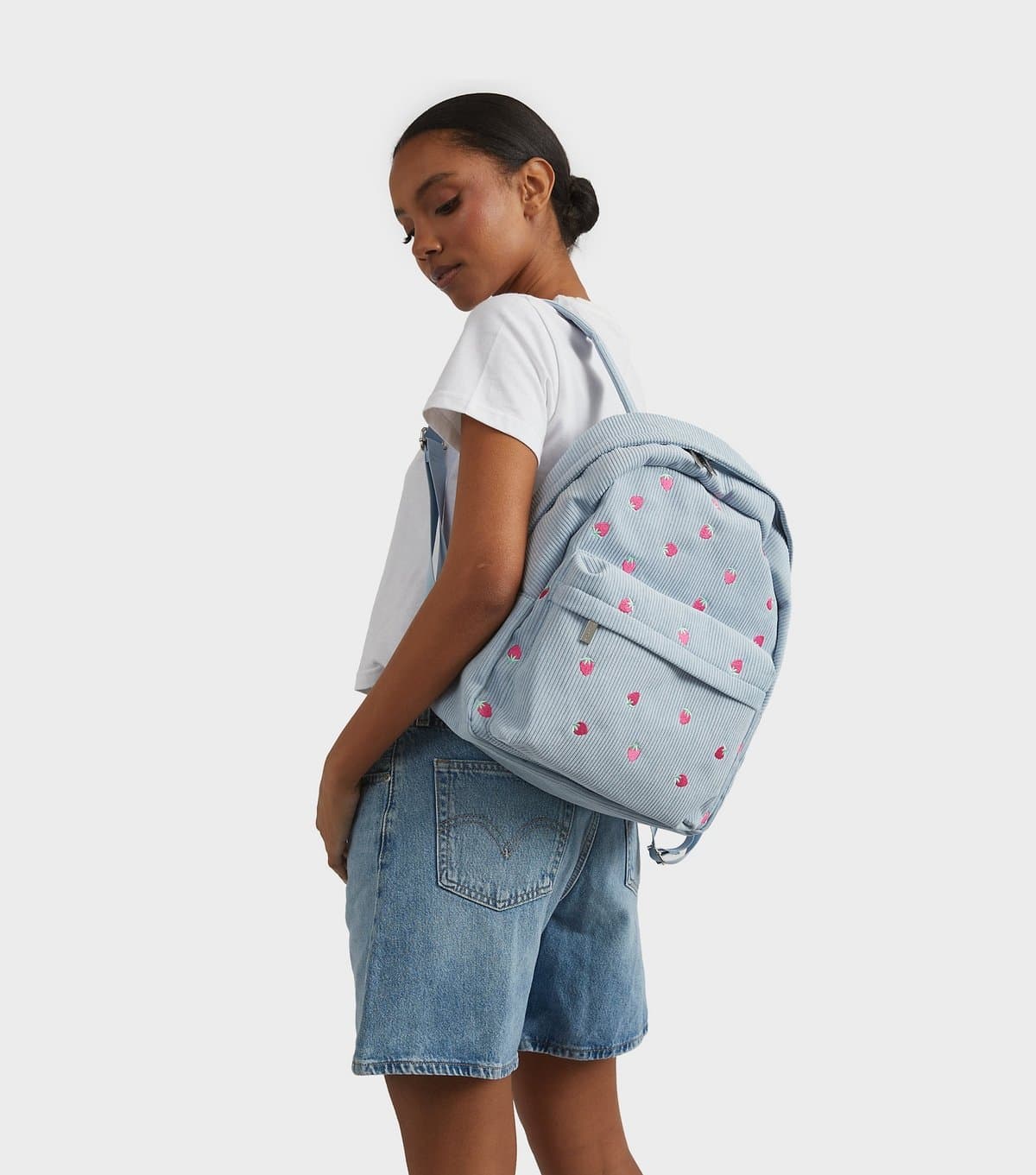 Skinnydip Light Blue Embroidered Strawberry Corduroy Backpack Skinnydip New Look
