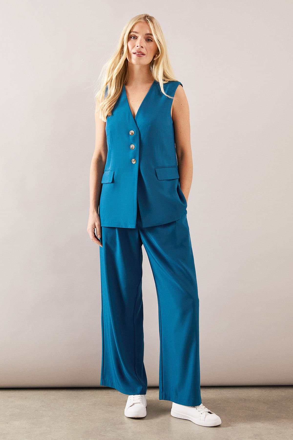 Wallis Wallis Women's Petite Belt Loop Detail Wide Leg Trouser in Aqua