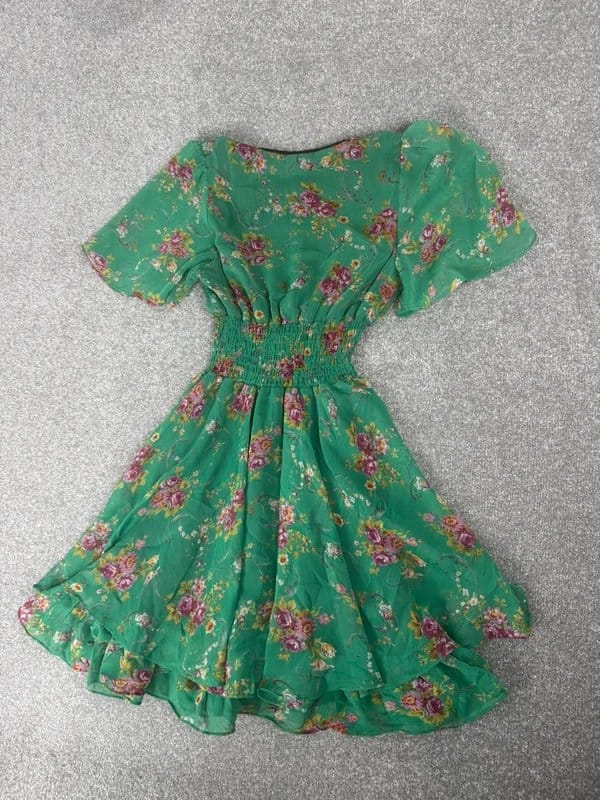 Jarlo Green Floral Mini Dress S/M | Plunge Boho Dress