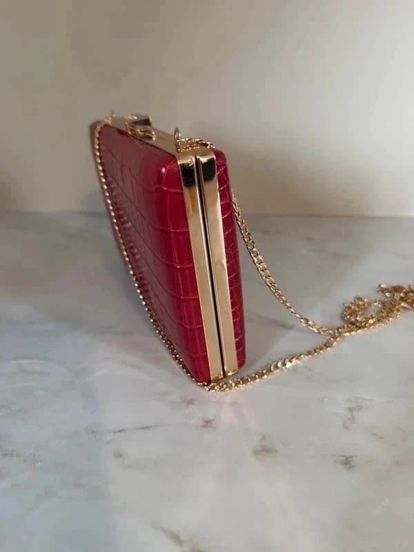 Dune London Dune London Faux Leather Red Croc-Embossed Box Clutch Bag with Gold Chain