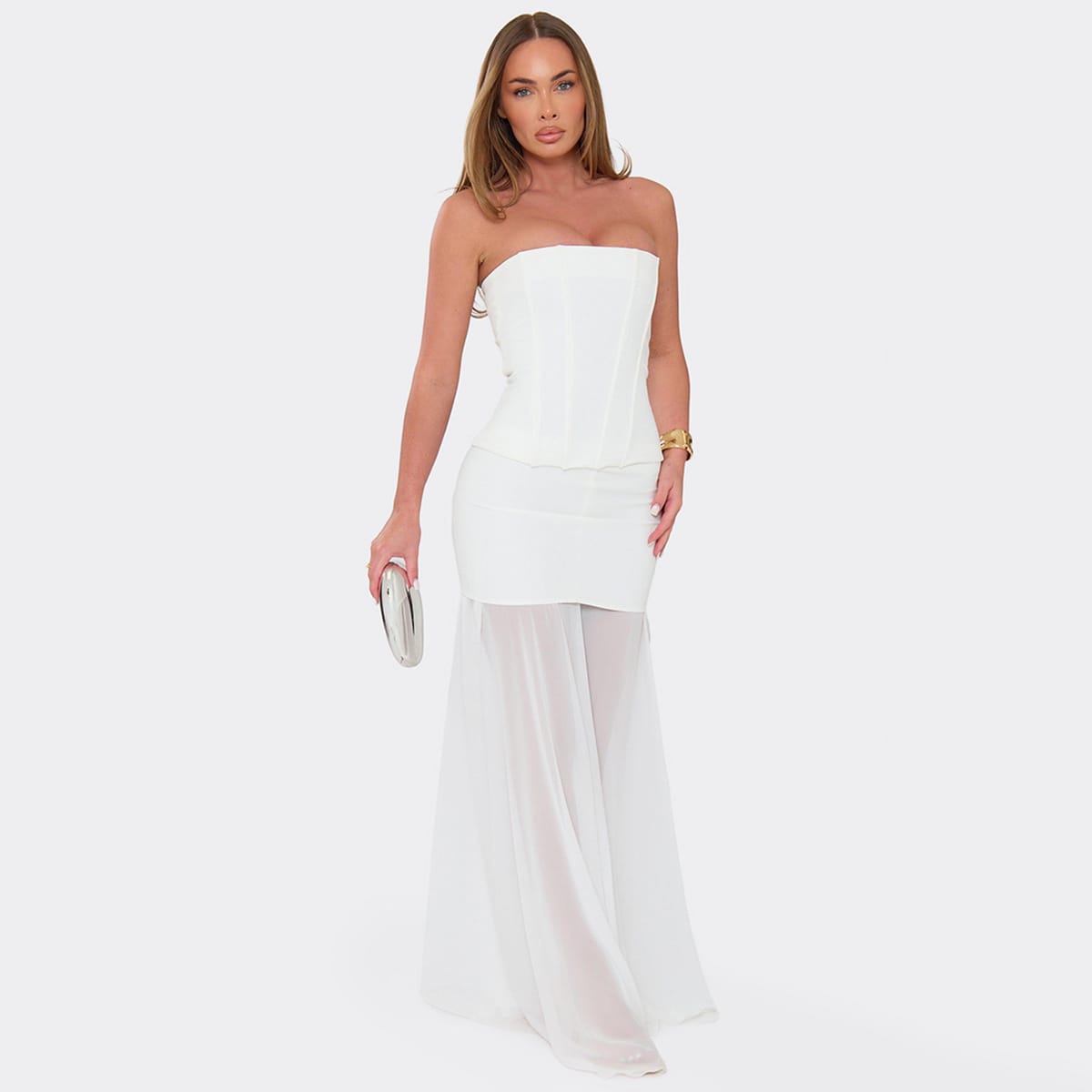 EGO Low Rise Mesh Underlay Maxi Skirt In White, Women's Size UK 6 - 1