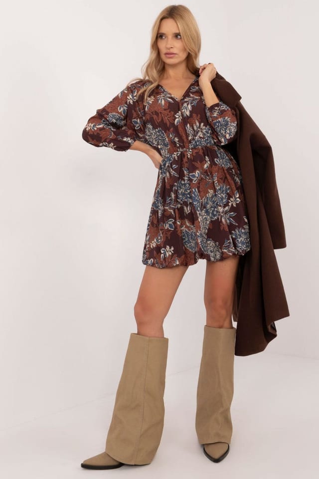 Love Lace Love Lace Women's Floral Viscose Lined Heart Neck Flared Day Dress in Brown - 2