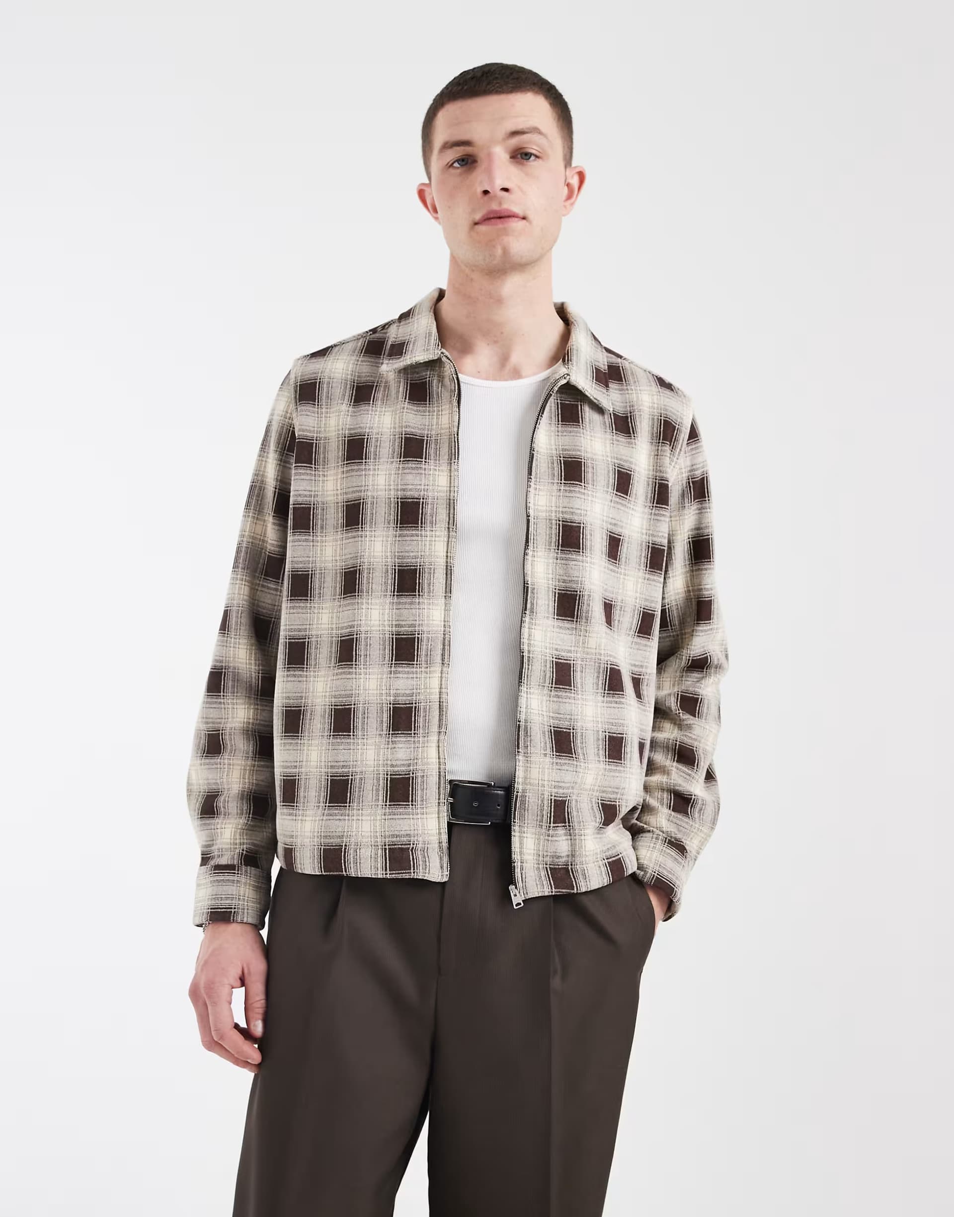 ASOS AllSaints Krater long sleeve zip through shirt in black and beige check