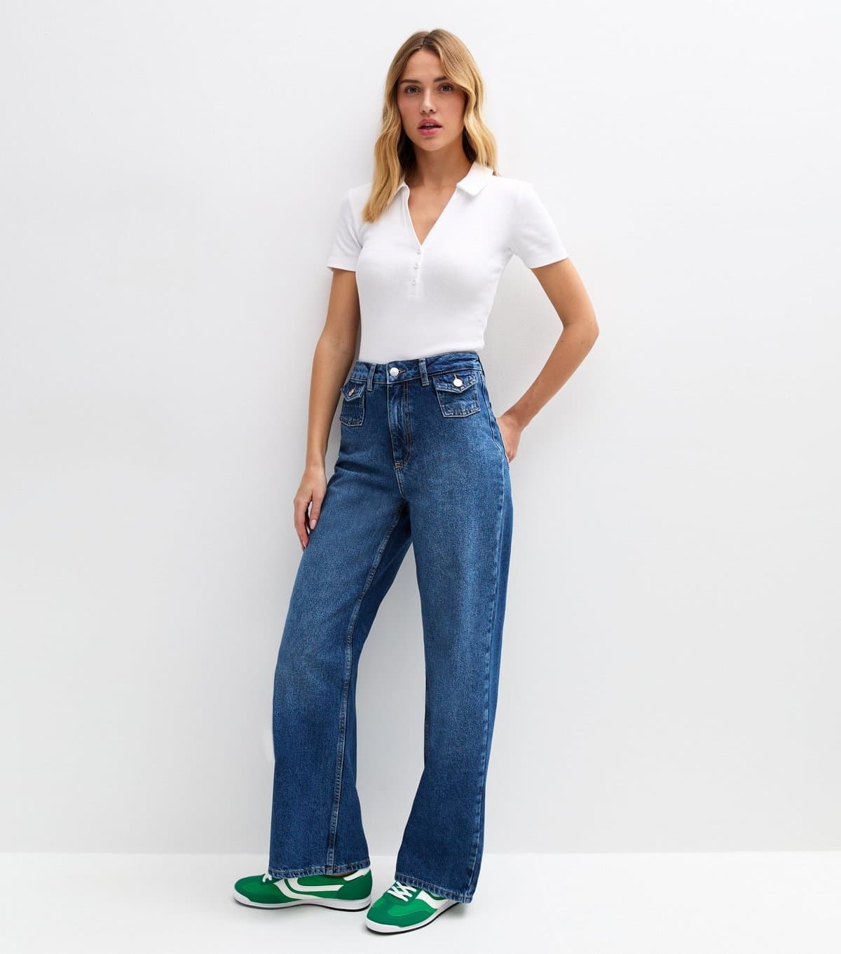 New Look Women's Blue Buttoned Pocket Wide Leg Jeans New Look