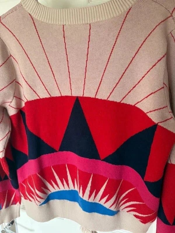 Never Fully Dressed Never fully dressed red pink sunset landscape scene jumper tassel detail size L