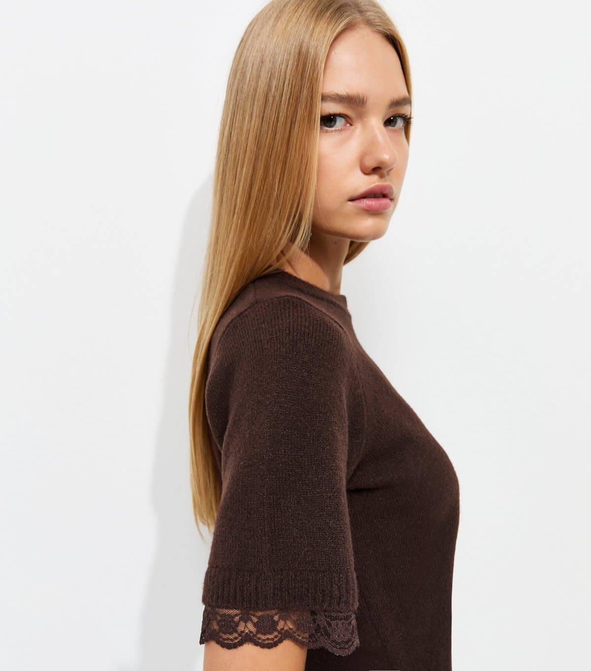 New Look Women's Dark Brown Lace Trim Knit T-Shirt New Look