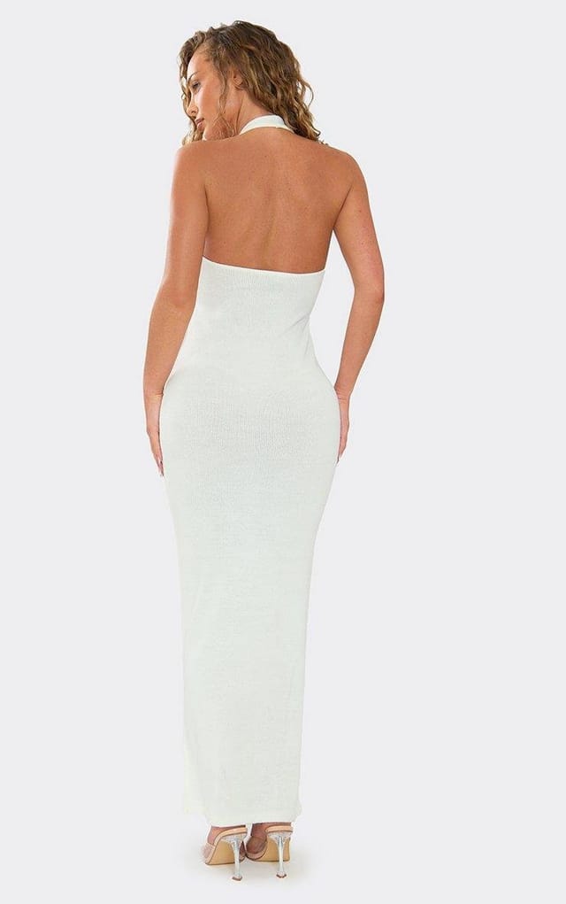 EGO Scoop Neck Button Detail Maxi Dress In Cream Knit, Women's Size UK L - 2