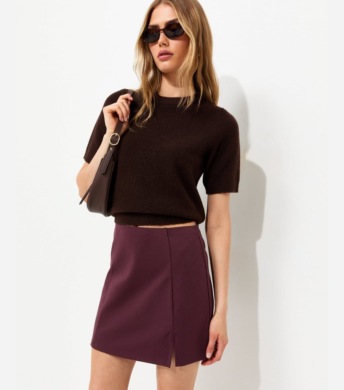 New Look Women's Dark Burgundy Jersey Front Split Front Mini Skirt New Look