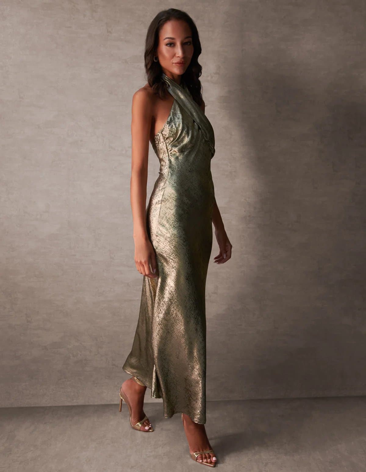 Blue Vanilla Luxe Twist Front Halter Neck Lame Dress
