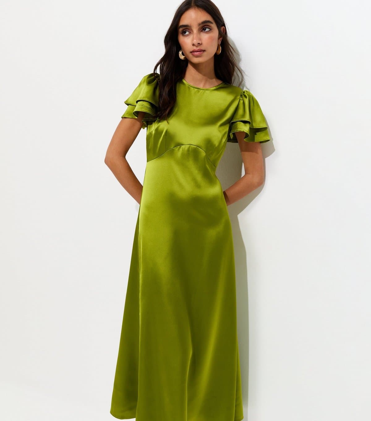 New Look Women's Light Green Satin Flutter Sleeve Midi Dress New Look
