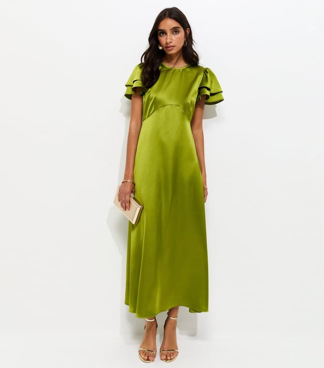 New Look Women's Light Green Satin Flutter Sleeve Midi Dress New Look - 3