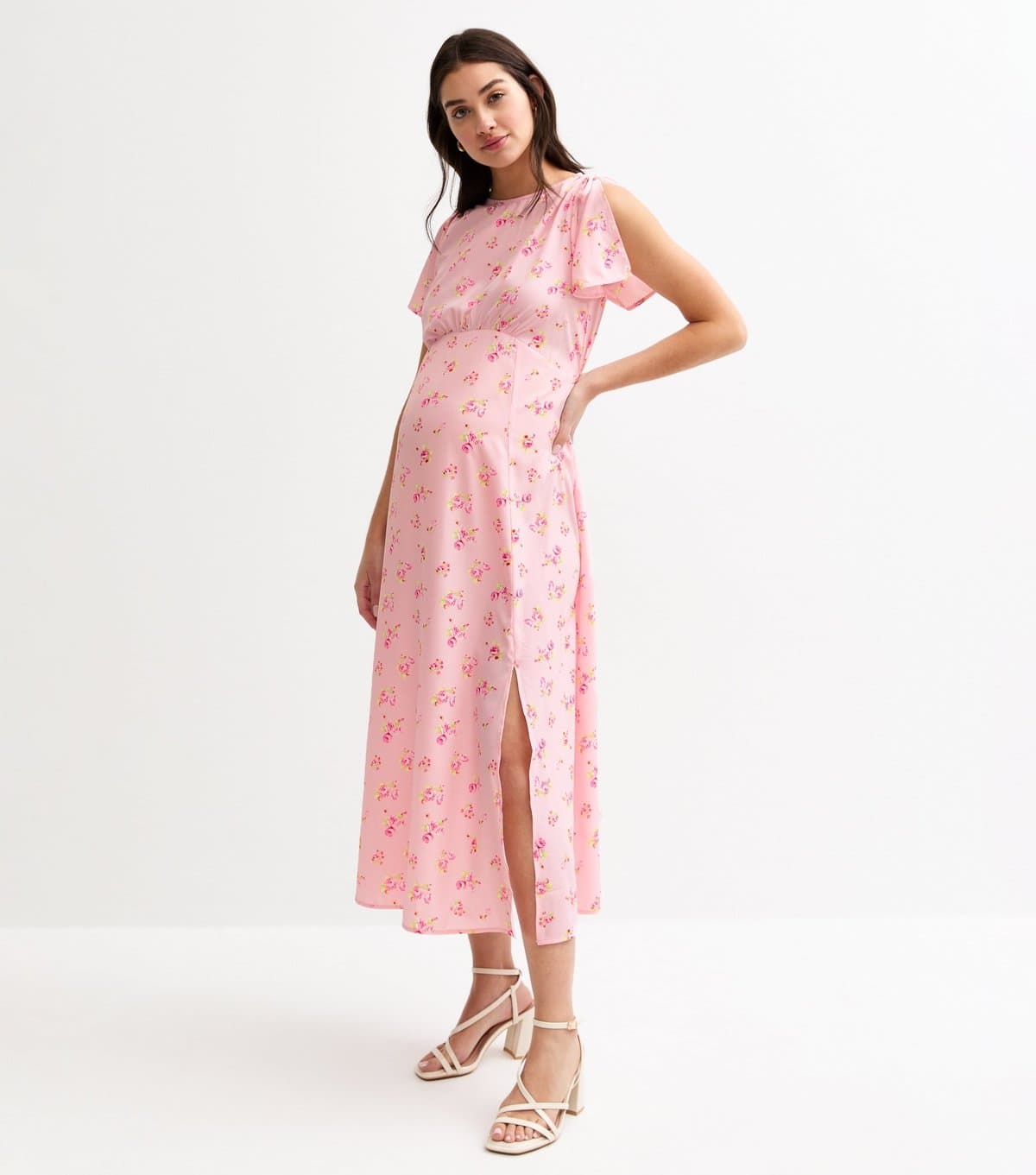 New Look Women's Maternity Pink Floral Print Flutter Sleeve Midi Dress New Look