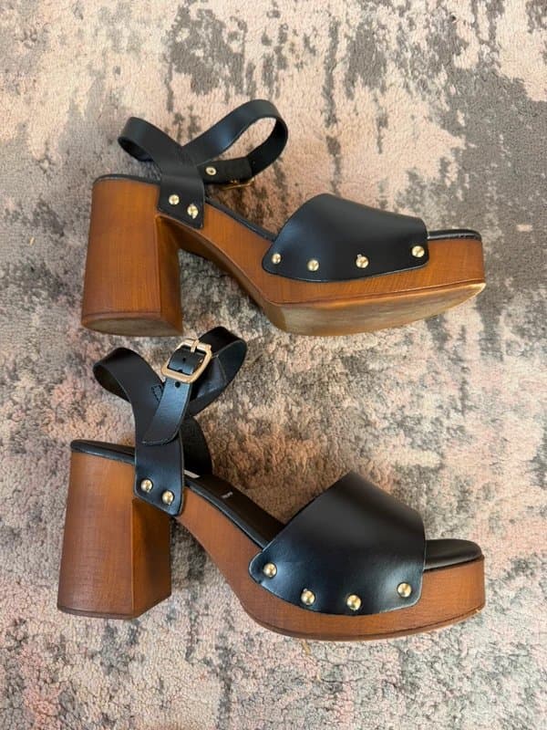 Marks & Spencer M&S black leather platform wooden heel sandals. Size 6