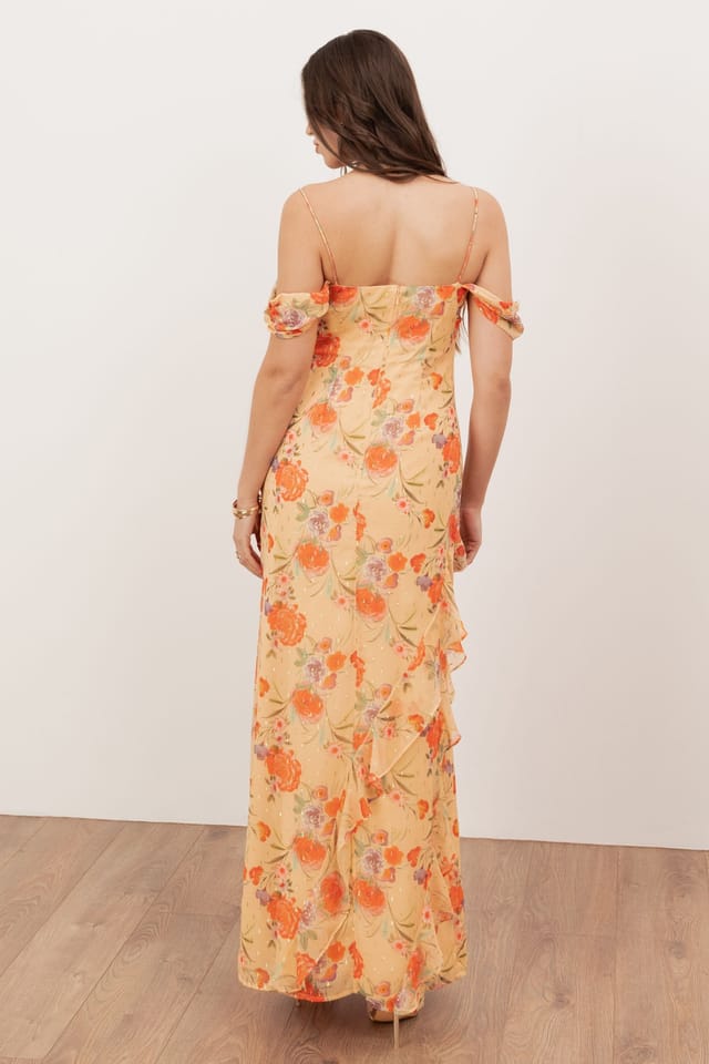 Anaya with Love Anaya with Love Women's Floral Print Cowl Neck Cold Shoulder Ruffle Maxi Dress - 2