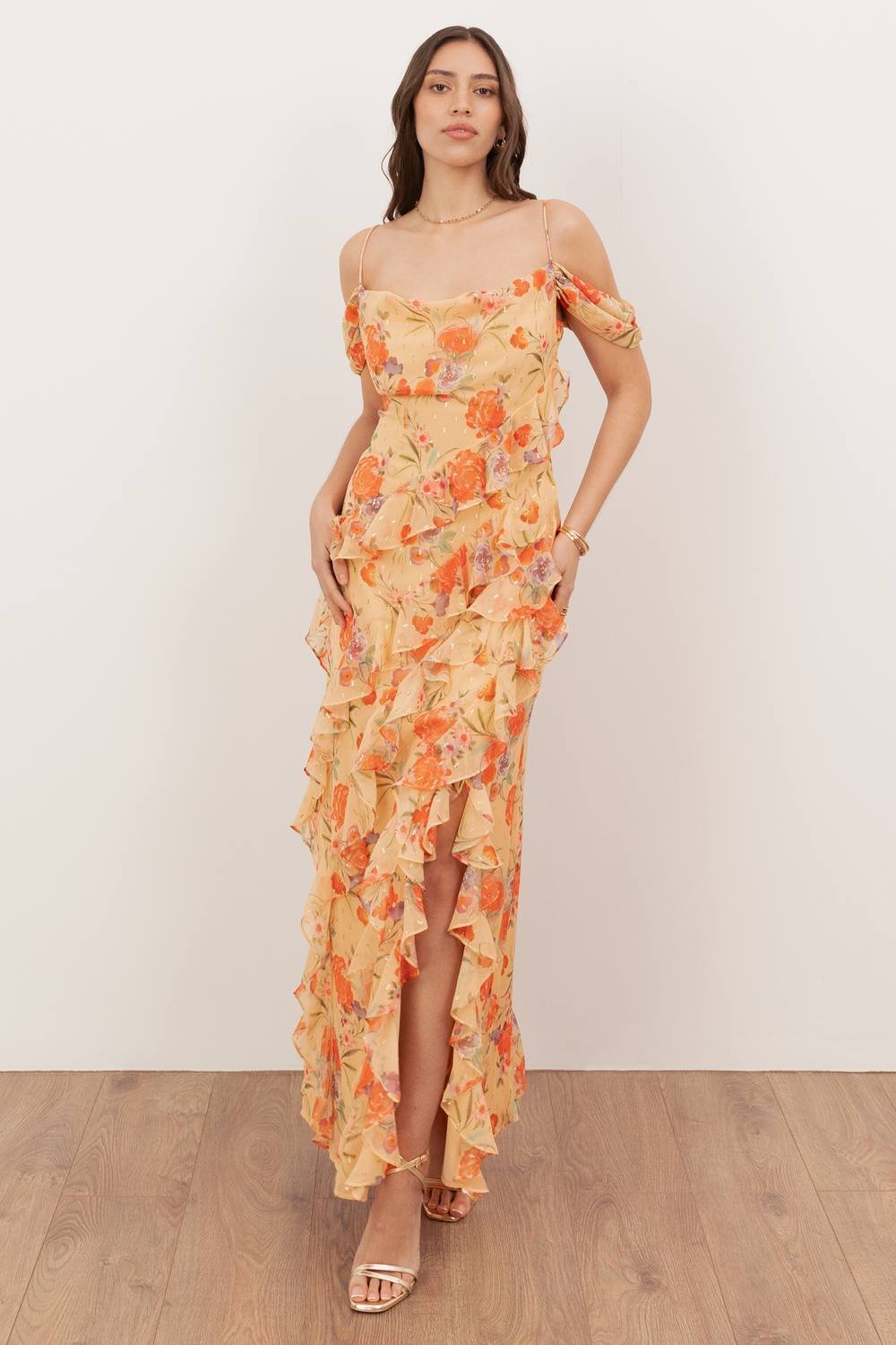 Anaya with Love Anaya with Love Women's Floral Print Cowl Neck Cold Shoulder Ruffle Maxi Dress - 3