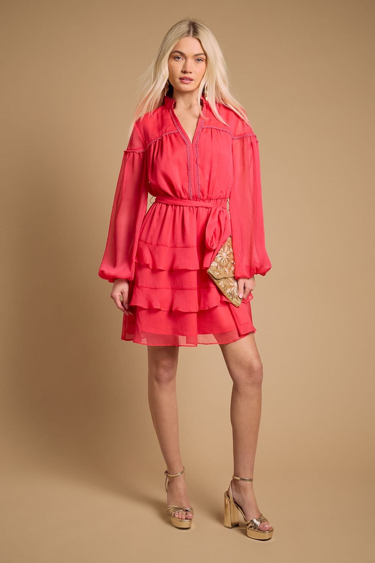 Oasis Oasis Women's Contrast Tiered Mini Dress in Coral Pink