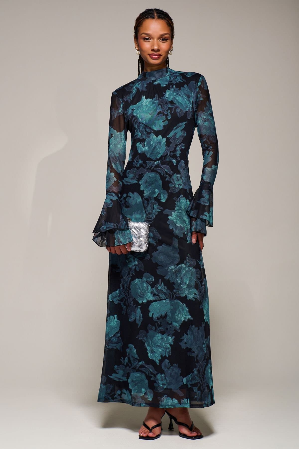 Jolie Moi Jolie Moi Women's Ruffle Long Sleeve Mesh Maxi Dress in Blue