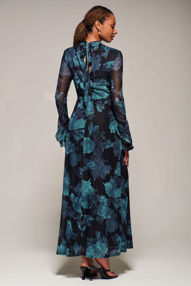 Jolie Moi Jolie Moi Women's Ruffle Long Sleeve Mesh Maxi Dress in Blue - 2
