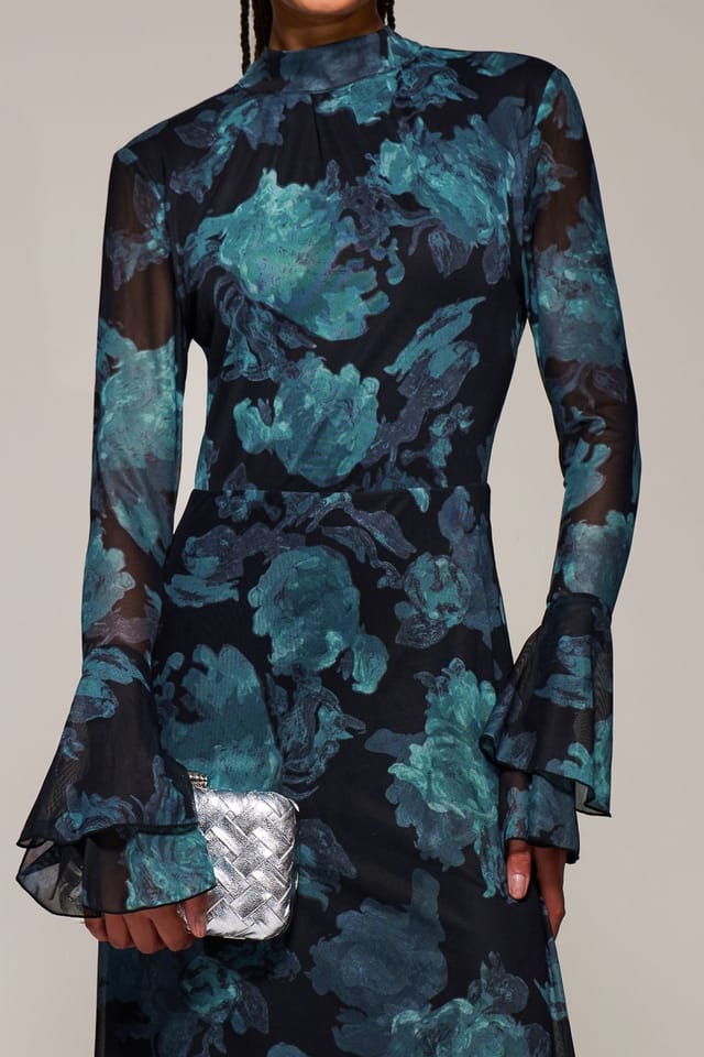Jolie Moi Jolie Moi Women's Ruffle Long Sleeve Mesh Maxi Dress in Blue - 3