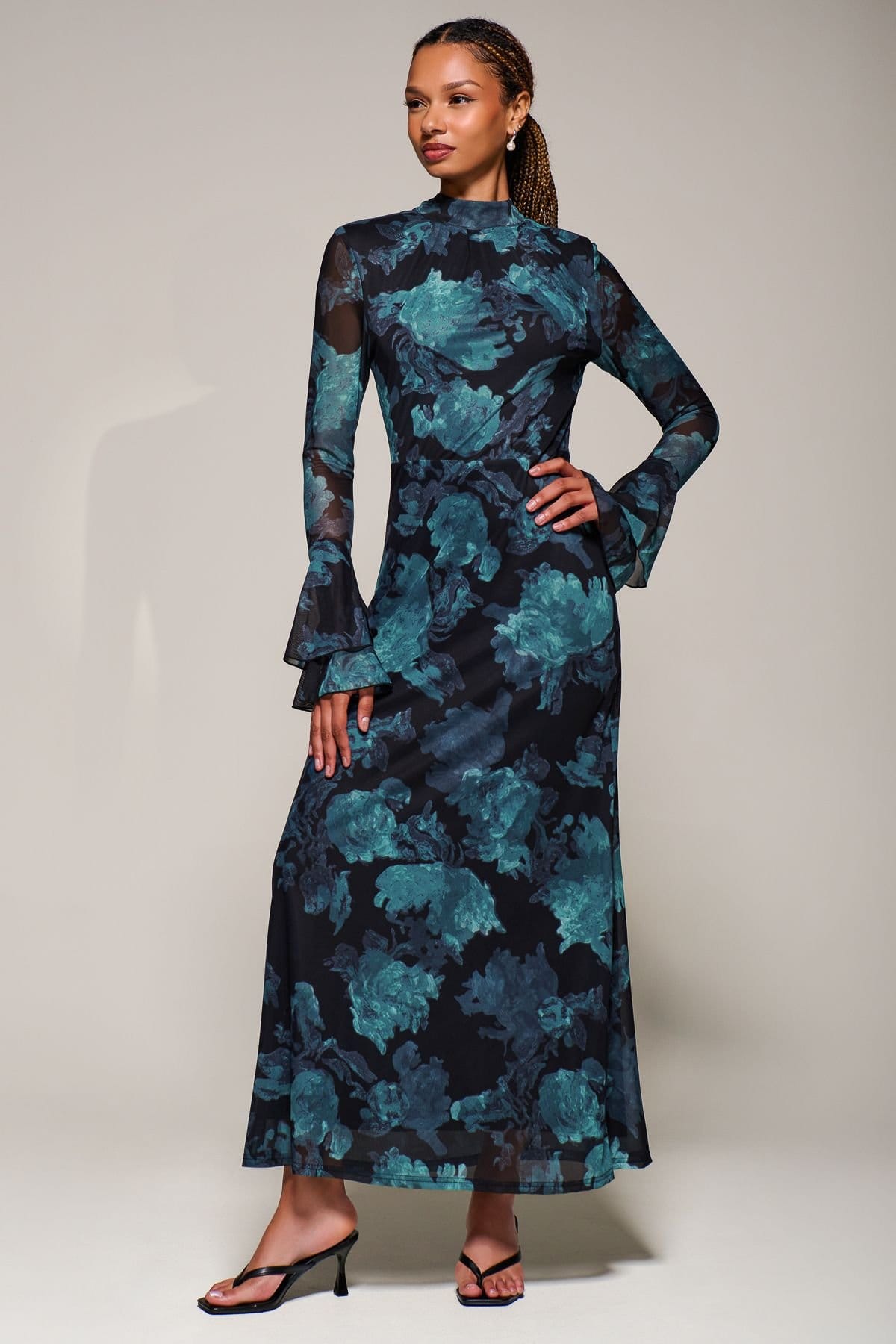 Jolie Moi Jolie Moi Women's Ruffle Long Sleeve Mesh Maxi Dress in Blue - 4
