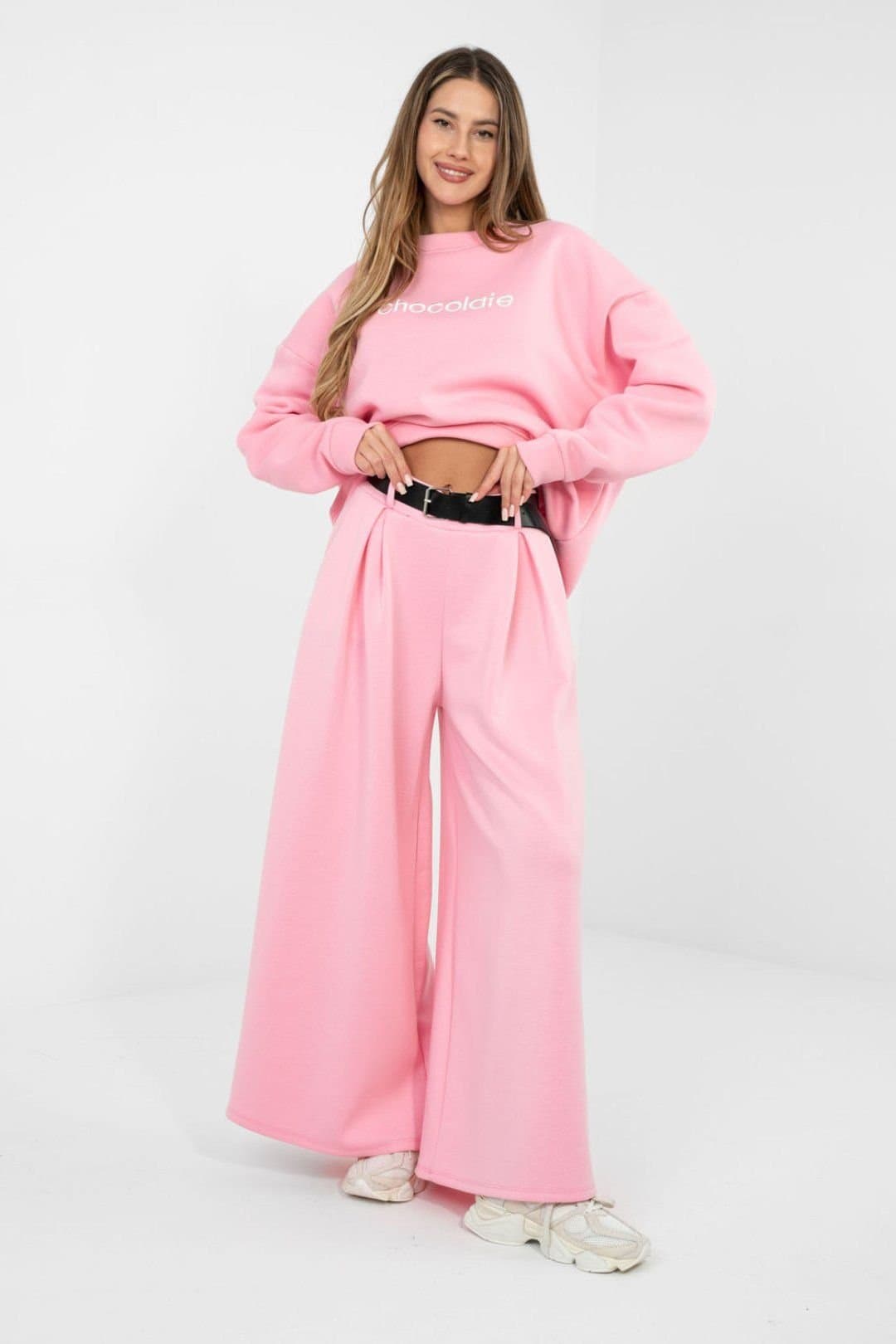 Love Lace Love Lace Women's Belted Palazzo Sweatpants High Waisted in Pink