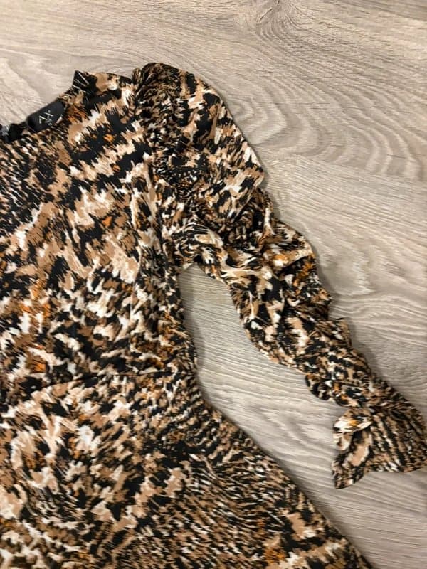 AX Paris AX Paris Animal Print Mini Dress Size 10 | Puff Sleeve Ruched Detail Brown Black Beige