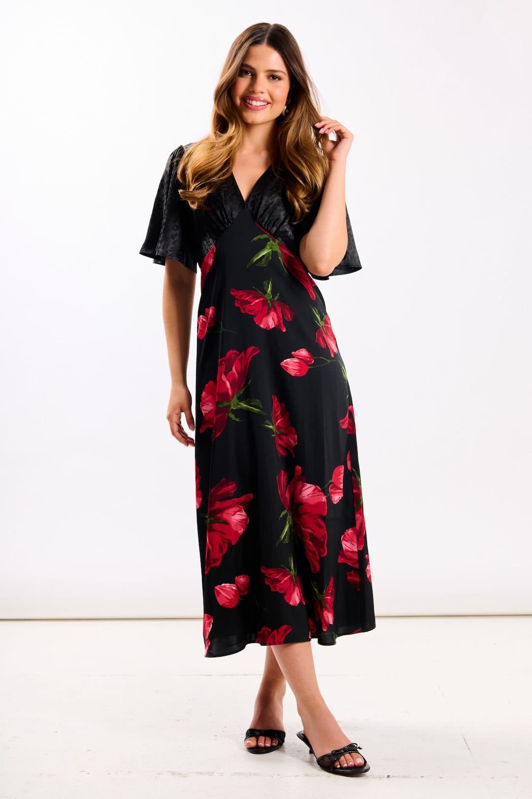 Needs No Label Needs No Label Red Floral Satin Midi Dress