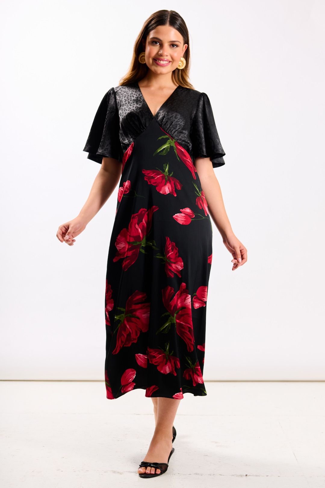 Needs No Label Needs No Label Women's Red Floral Animal Mix Midi Dress - 2