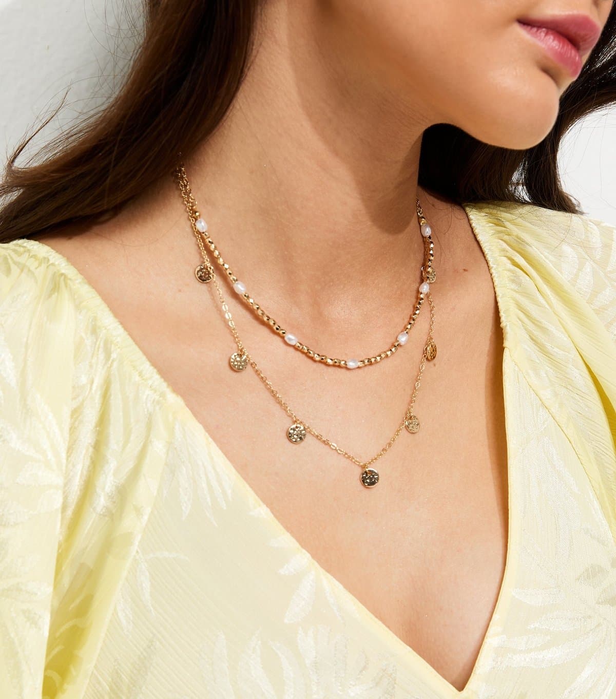 New Look Gold Tone 2 Layer Beaded Disc Necklace New Look