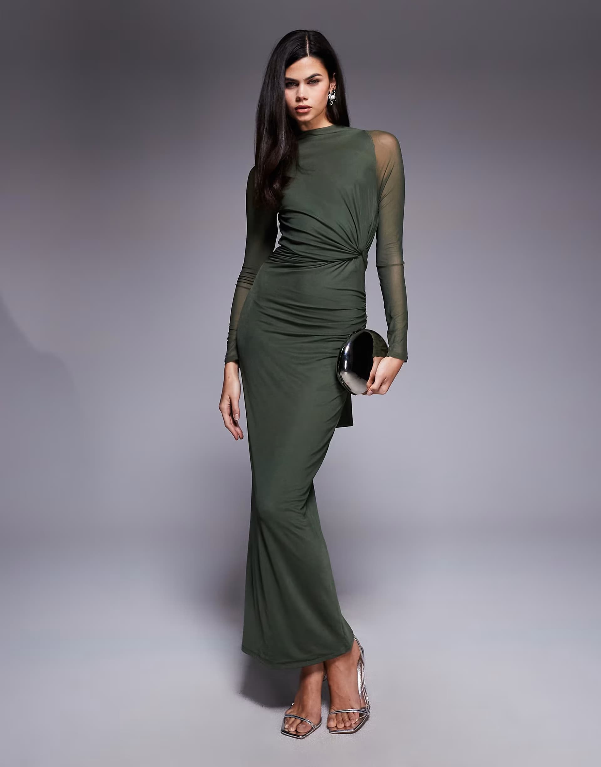 ASOS ASOS DESIGN mesh long sleeve twist bust detail halter maxi dress in khaki